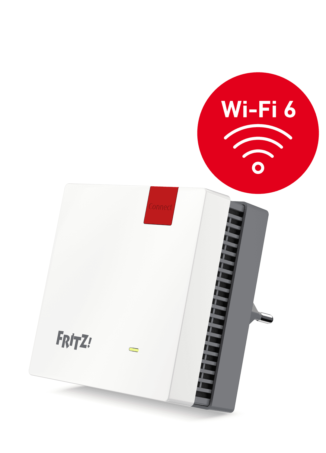 Weißer Router mit rotem Wi-Fi 6-Symbol. Mit dem Fritz!-Logo.