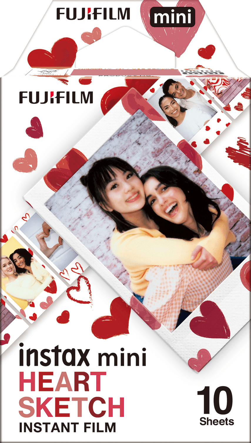 Instax Mini Filmbox. Zwei Frauen lächeln auf einem Foto. Rote Herzen verzieren die Box.