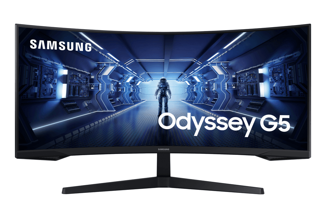 Gebogener Samsung Odyssey G5 Monitor mit Weltraumszene, schwarzer Standfuß, weißer Hintergrund.