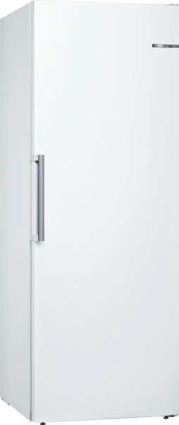 Weißer Kühlschrank mit Griff und Logo auf der Tür.
