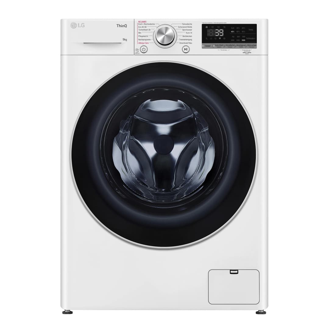 Weiße LG Waschmaschine mit schwarzer Tür und Bedienfeld.