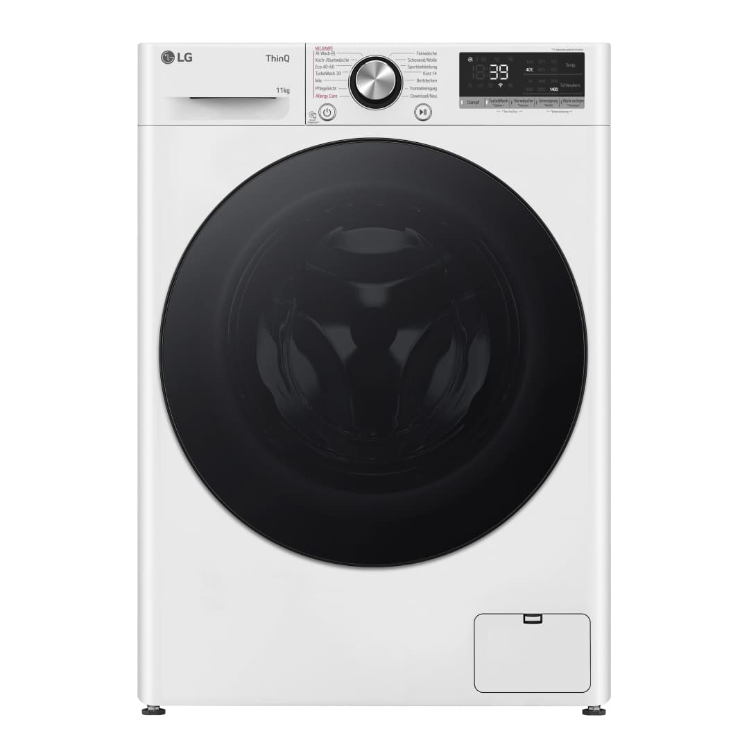 Eine weiße LG Waschmaschine mit schwarzer Tür und Bedienfeld.