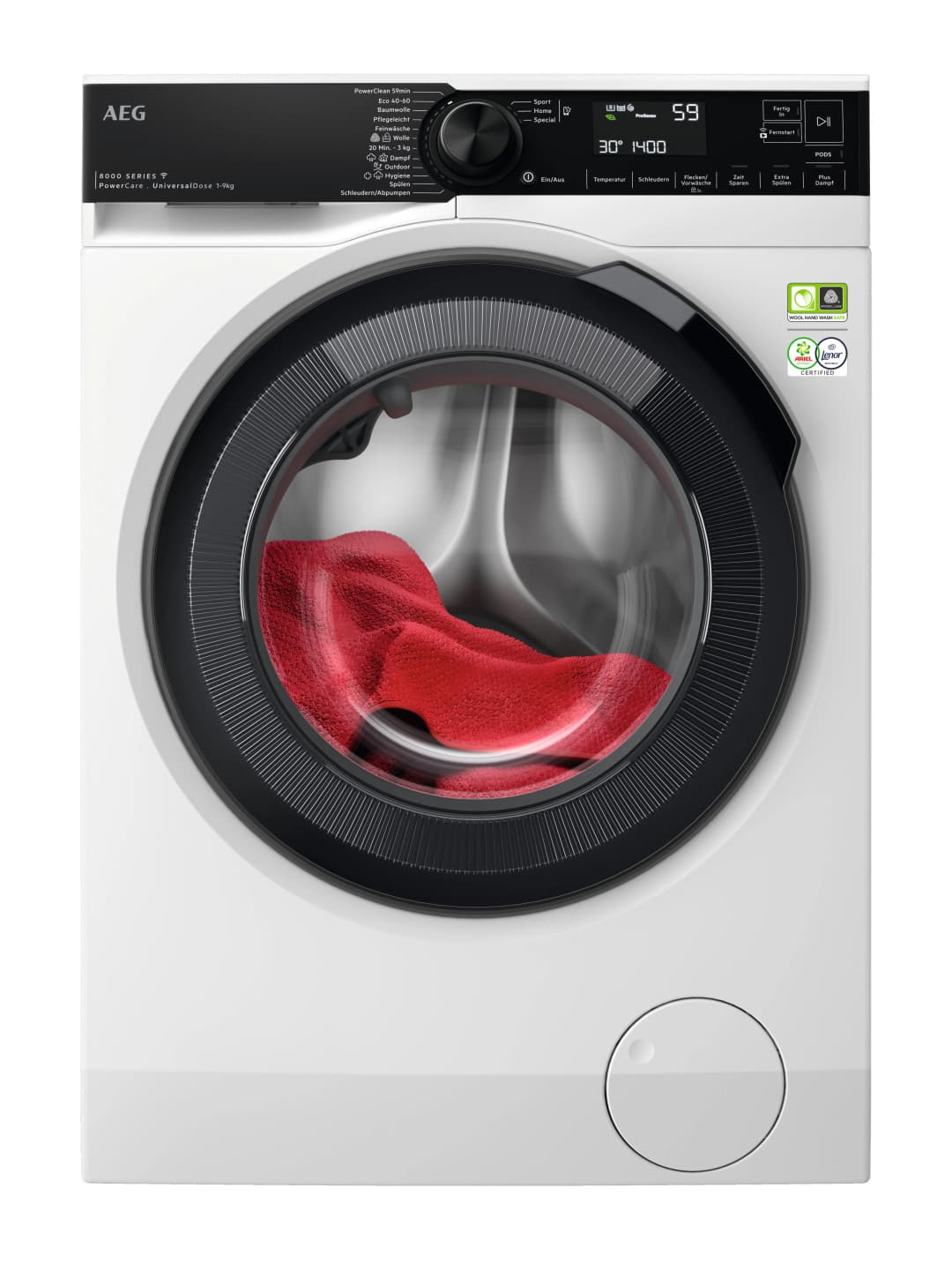 Weiße Waschmaschine mit einem roten Kleidungsstück in der Trommel.