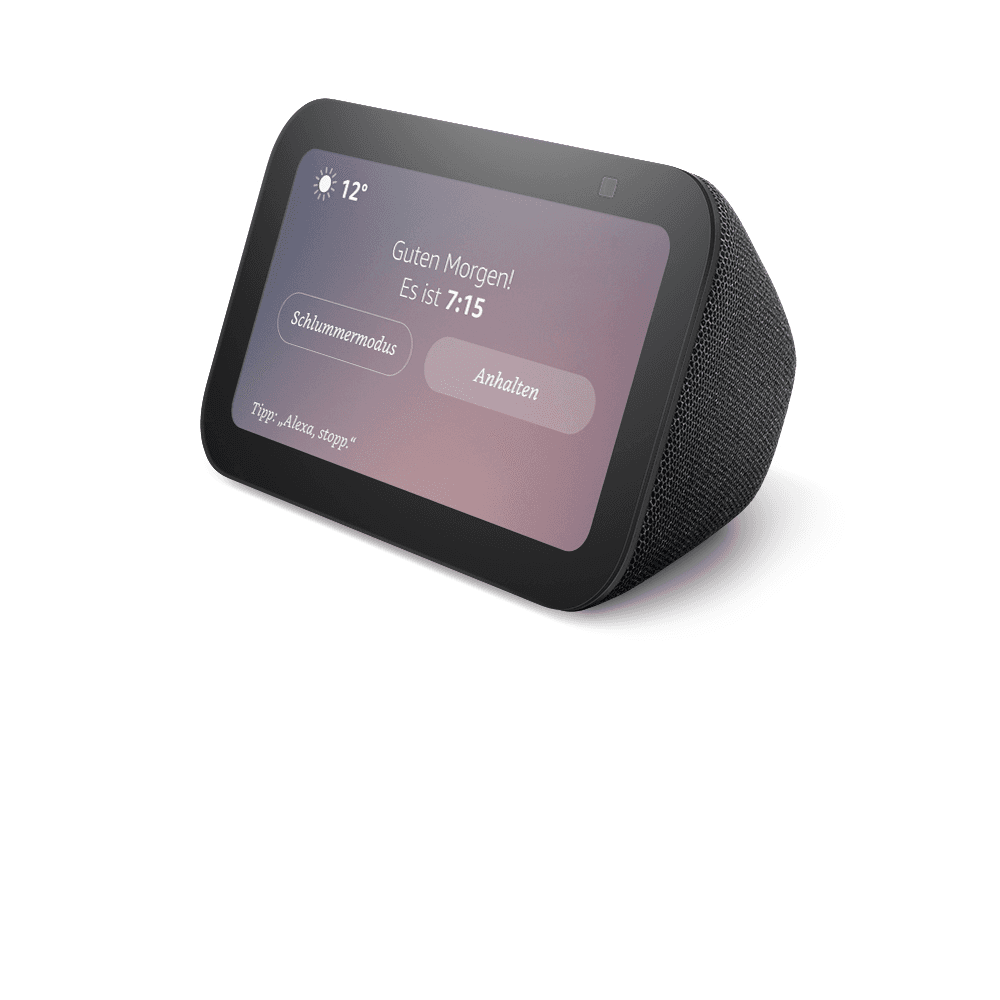 Smart Speaker mit Bildschirm. Es zeigt 'Guten Morgen!'. Schwarzer Rahmen, grauer Lautsprecherstoff.