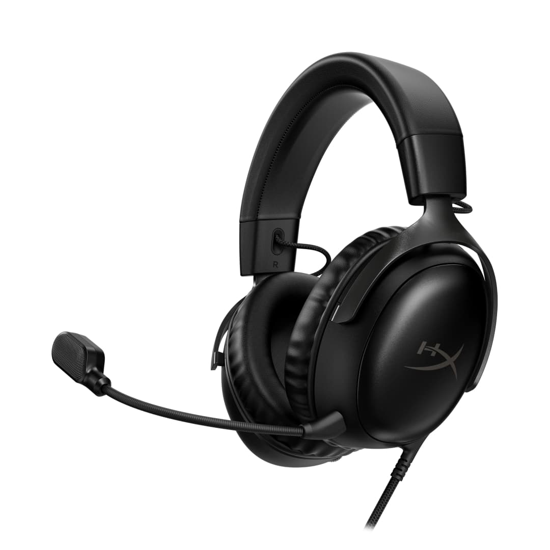 Schwarzes Gaming-Headset mit Mikrofon auf weißem Hintergrund.