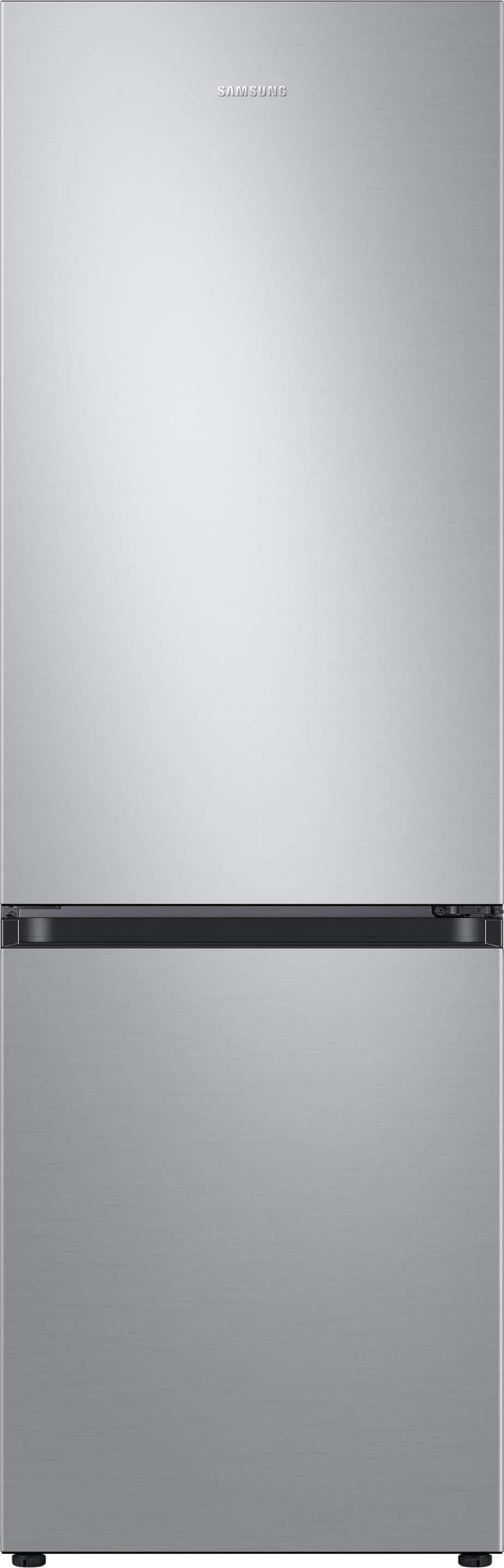 Silberner Kühlschrank. Zwei Türen. Schwarzer Griff und Zierleiste. Samsung-Logo.