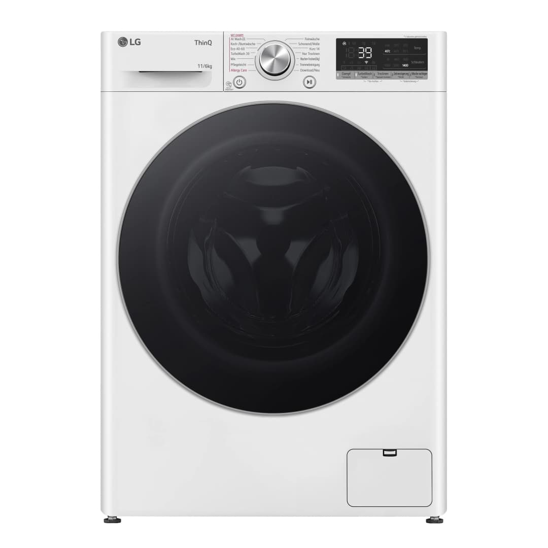 LG weiße Waschmaschine. Eine Frontlader-Waschmaschine mit schwarzer Tür und Bedienfeld.