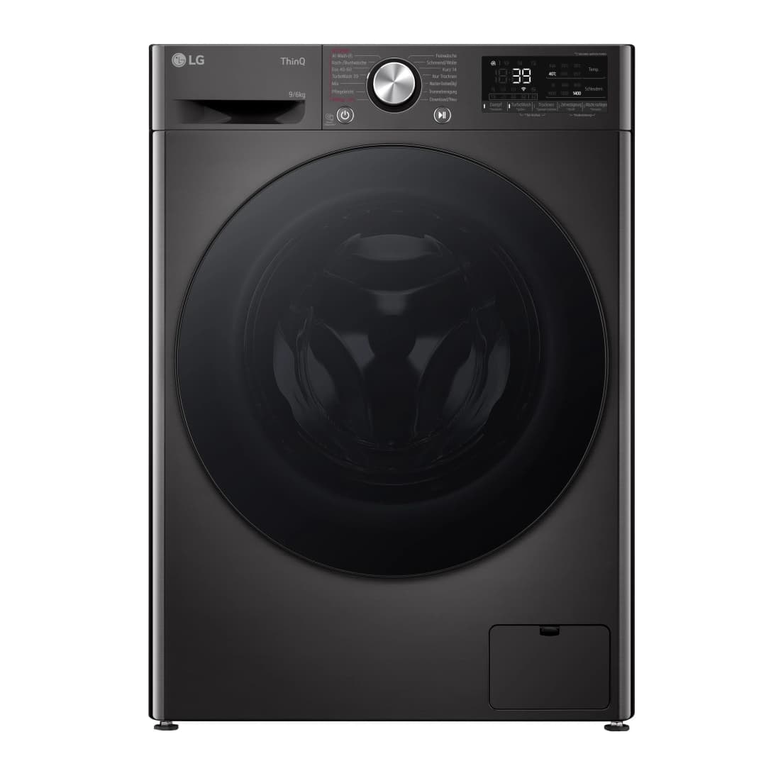 Schwarze LG Waschmaschine mit dunkler Glastür und Digitalanzeige. Die Maschine ist schwarz.