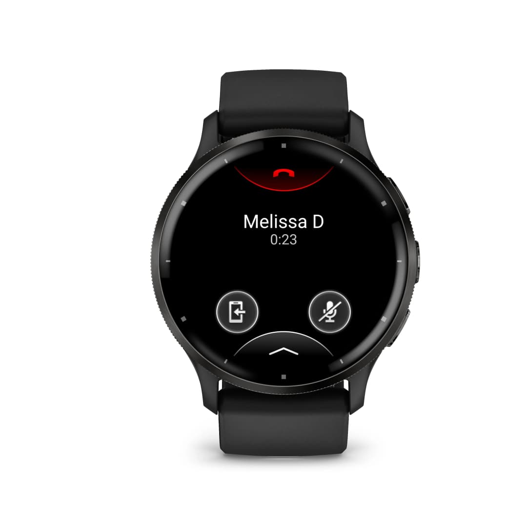 Garmin Smartwatch, die einen Anruf von Melissa D. anzeigt. Schwarzes Armband und Zifferblatt.