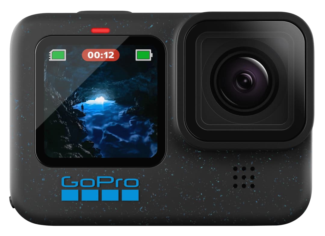 GoPro Kamera. Bildschirm zeigt eine Höhle, blaues und schwarzes Design.