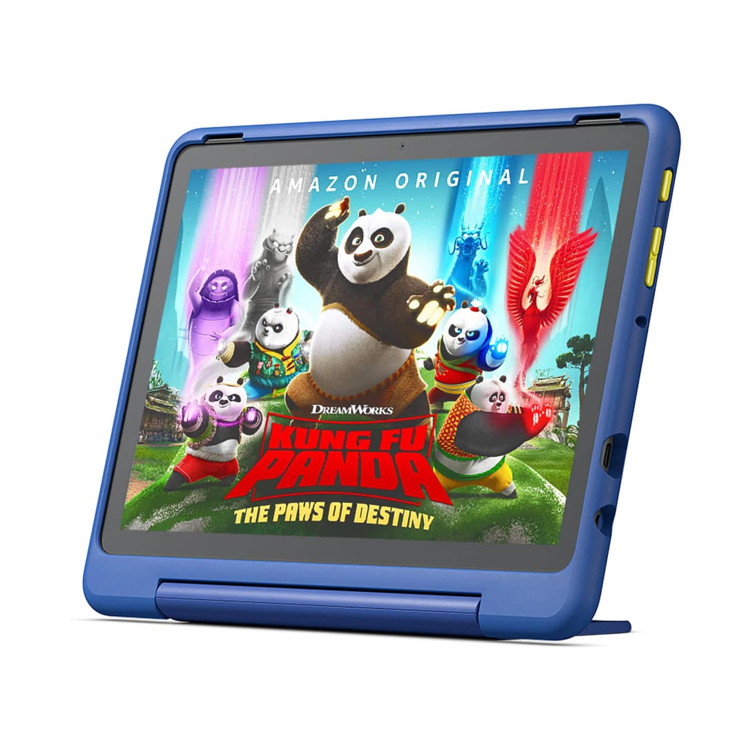 Tablet mit blauem Gehäuse, mit Kung Fu Panda-Charakteren und dem DreamWorks-Logo.