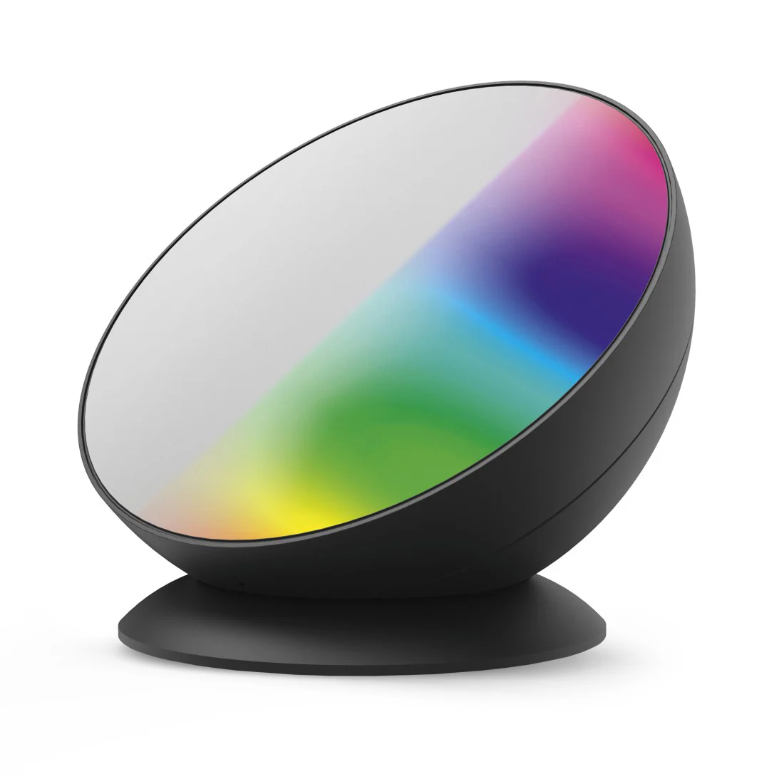 Eine schwarze, runde Lampe mit farbenfroher, verlaufender Anzeige. Sie steht auf einem runden Sockel. Die Anzeige zeigt weiße, grüne, blaue und violette Farbtöne.