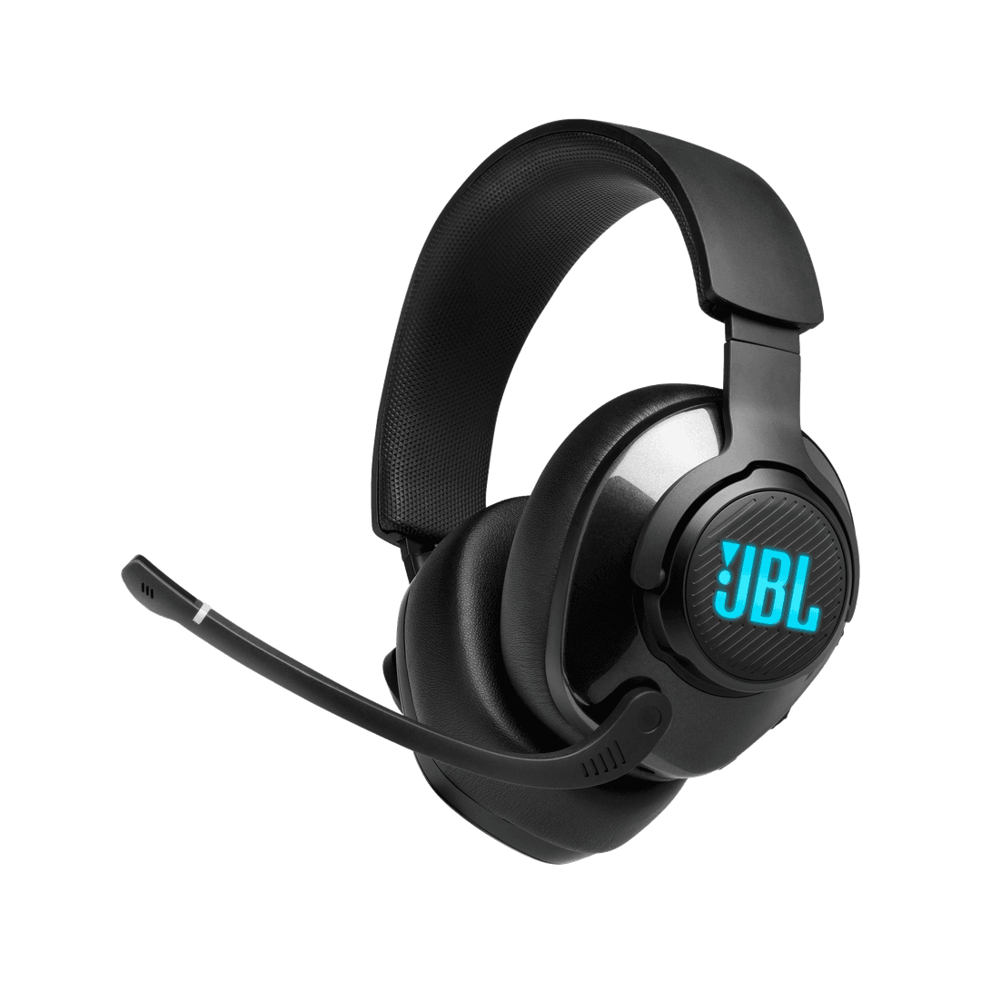 Schwarzes JBL Gaming-Headset mit Mikrofon und blauem Logo.