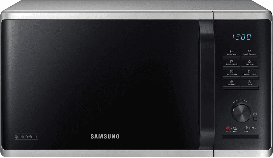 Schwarzer und silberner Samsung-Mikrowellenherd mit Display und Bedienfeld, auf weißem Hintergrund.