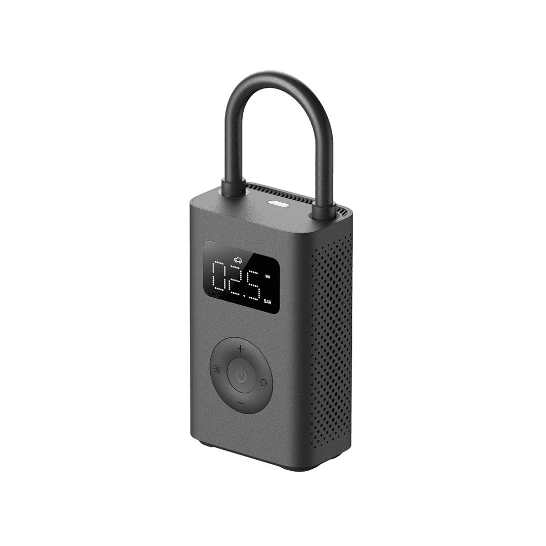 Schwarze tragbare Luftpumpe mit Digitalanzeige und Griff.