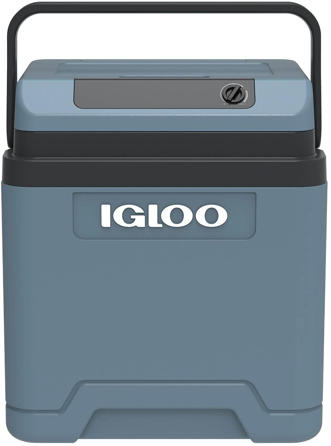 Blauer Igloo-Kühler mit schwarzem Griff und Logo.