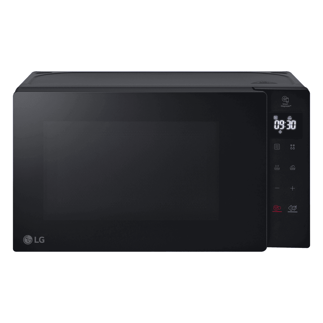 Schwarze LG Mikrowelle mit Digitalanzeige und Bedientasten an der Seite.