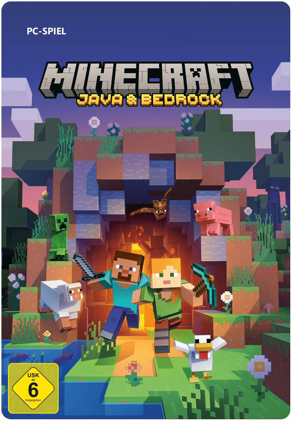 Minecraft Java & Bedrock Spielcover. Charaktere stehen vor einem Portal, mit verschiedenen Minecraft-Kreaturen drumherum.