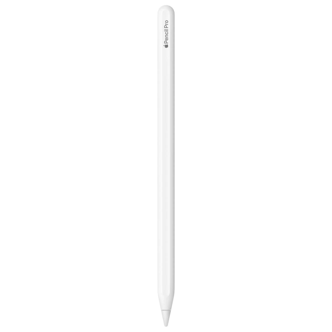 Ein weißer Apple Pencil Pro, schlank und zylindrisch, auf weißem Hintergrund.