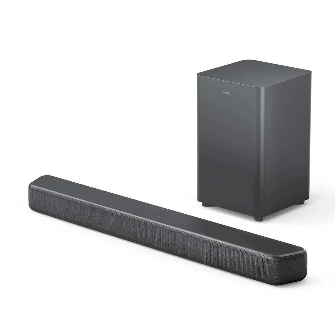 Dunkelgraues Soundbar- und Subwoofer-Set vor weißem Hintergrund.