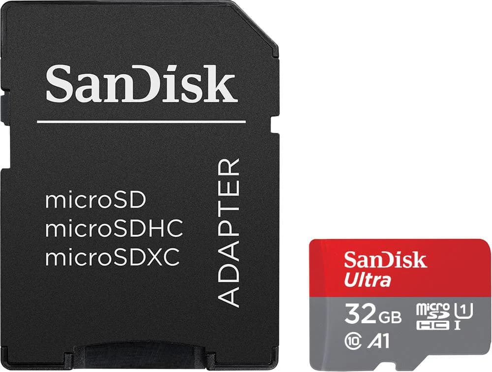Sandisk MicroSD-Karte und Adapter. Die Karte ist rot-schwarz, 32GB Kapazität.