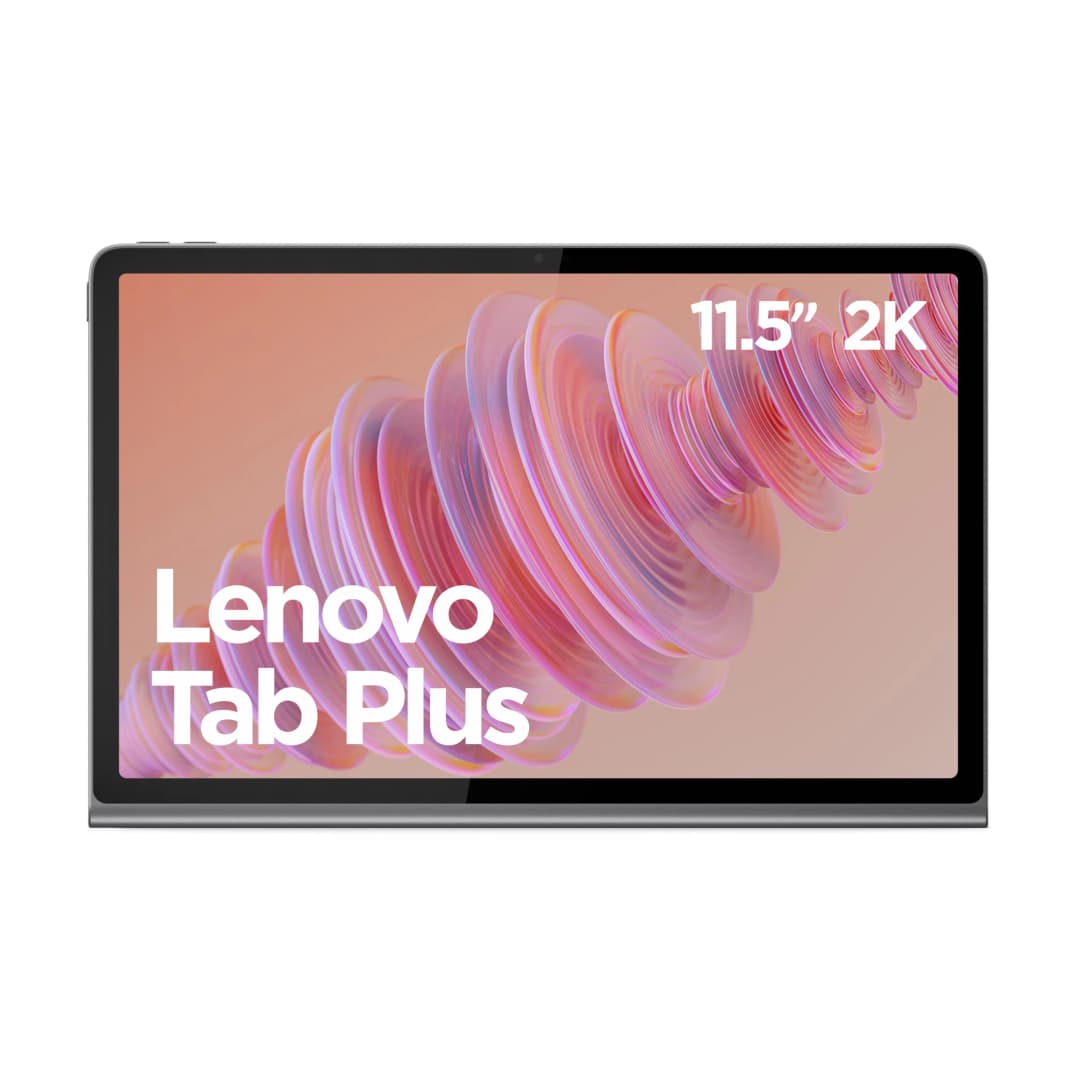 Ein Tablet mit pinkfarbenem Bildschirm. Text auf dem Bildschirm lautet "Lenovo Tab Plus" und "11.5" 2K".