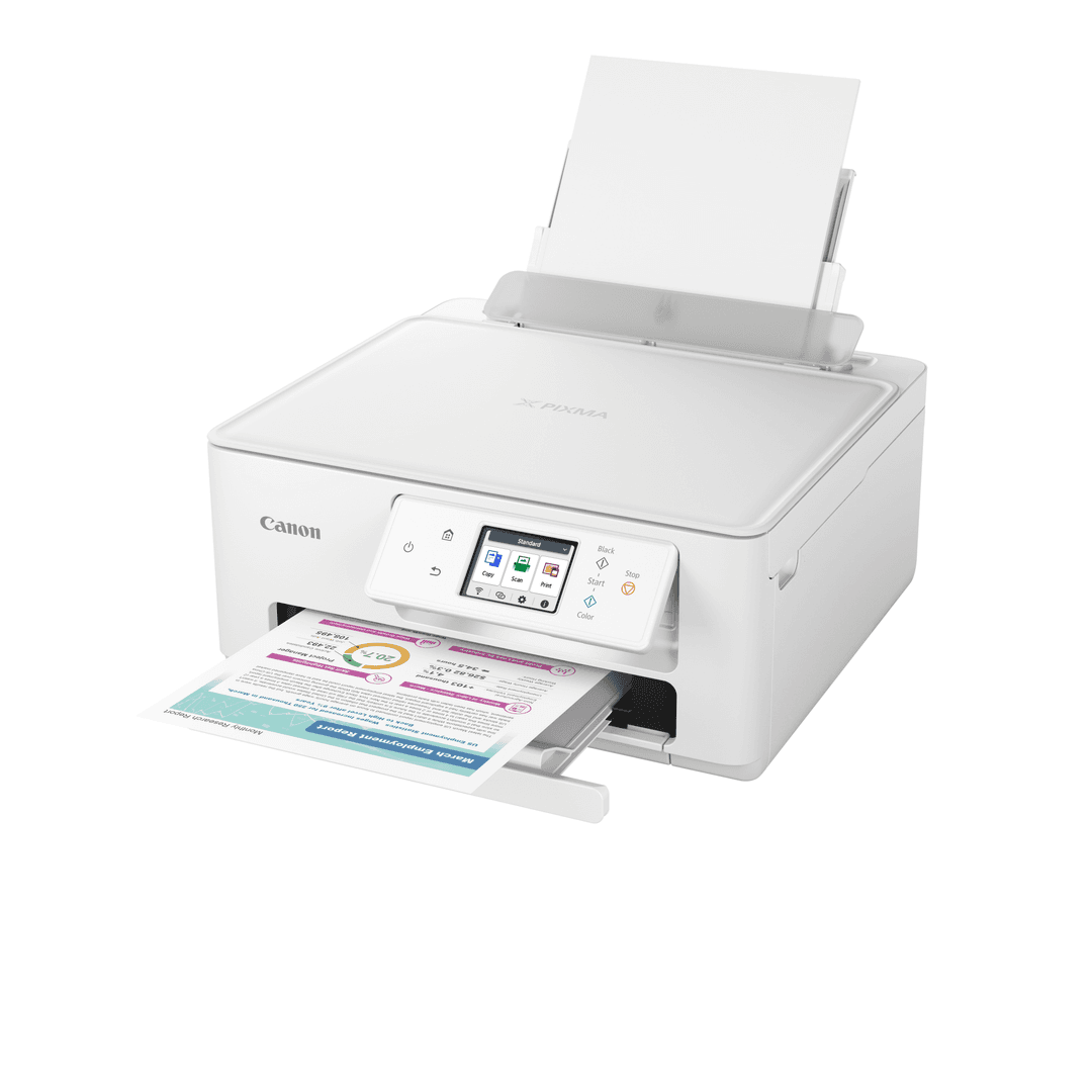 Weißer Canon Pixma Drucker mit gedrucktem Dokument im Ausgabefach und Papier im Eingabefach.
