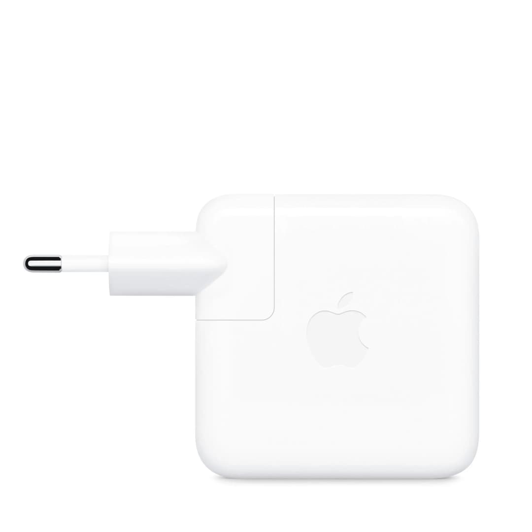 Weißes Apple-Ladegerät mit Stecker.