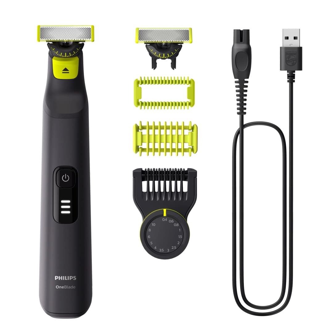 Schwarzer und gelber Philips OneBlade Elektrorasierer mit mehreren Aufsätzen und Ladekabel.