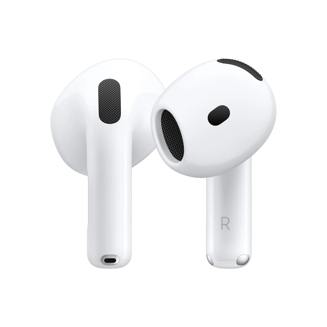 Weiße Apple AirPods mit schwarzem Mesh und silbernen Details. Einer zeigt den Buchstaben 'R'.