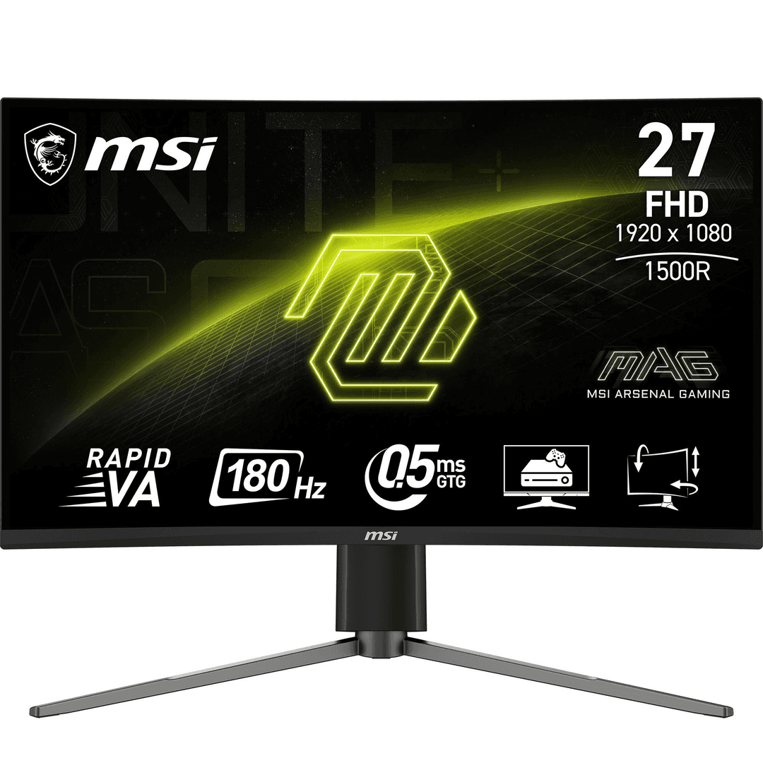 MSI 27-Zoll-Gaming-Monitor, schwarzer Standfuß. Das Display zeigt Grafiken und Text.