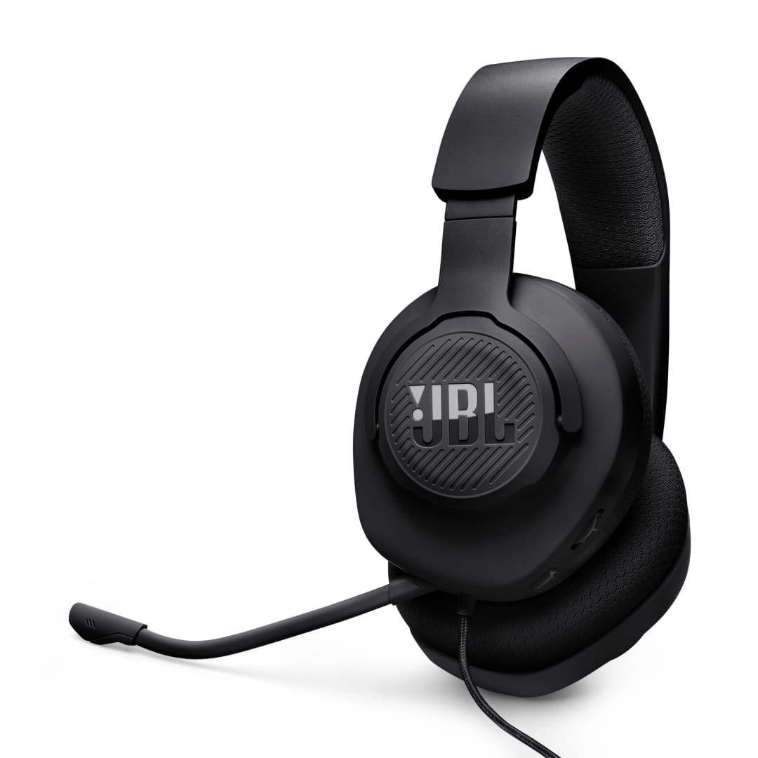 Schwarze JBL-Kopfhörer mit Mikrofon. Das JBL-Logo ist auf der Ohrmuschel sichtbar.