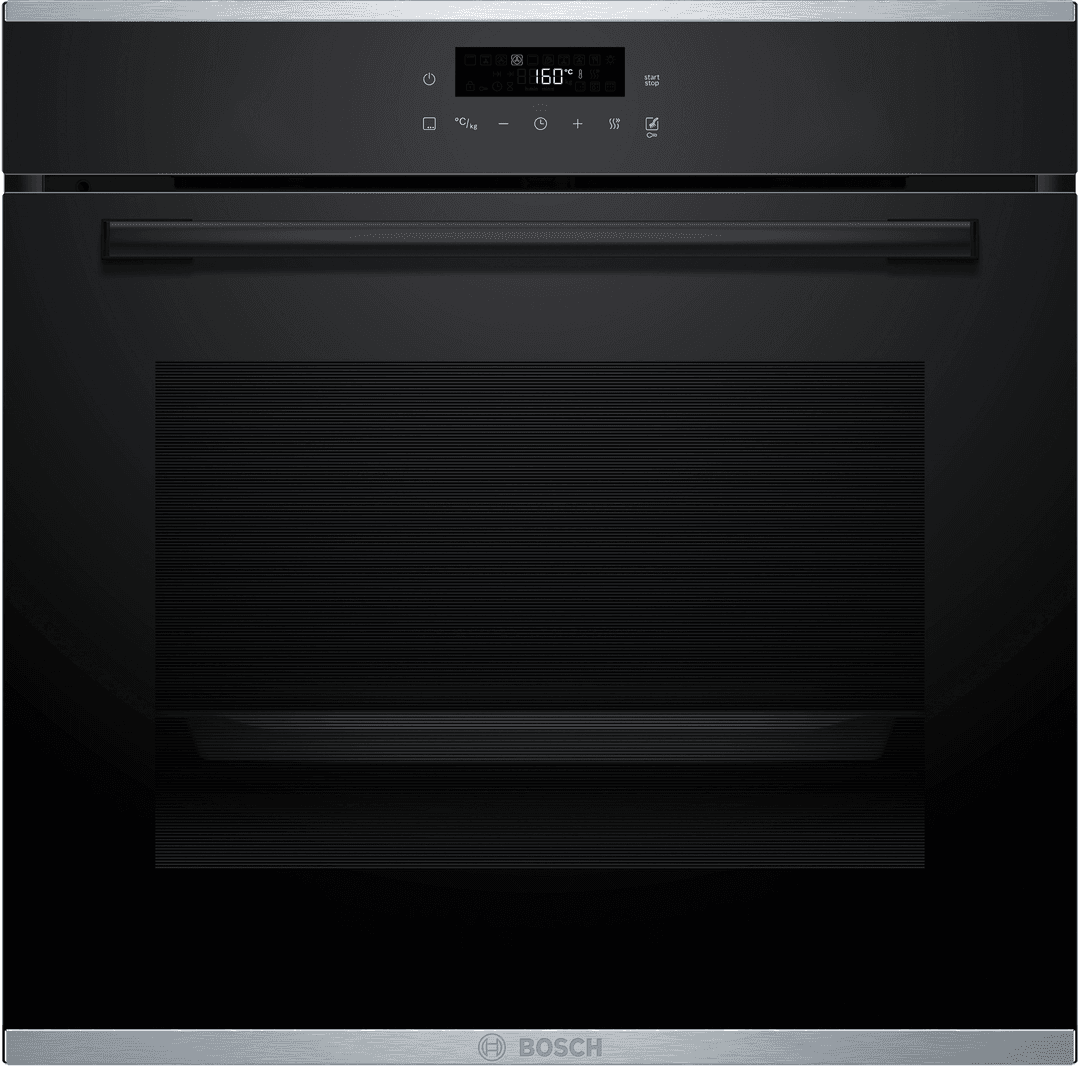 Schwarzer Einbau-Backofen mit Digitalanzeige und Edelstahlblende am Boden.