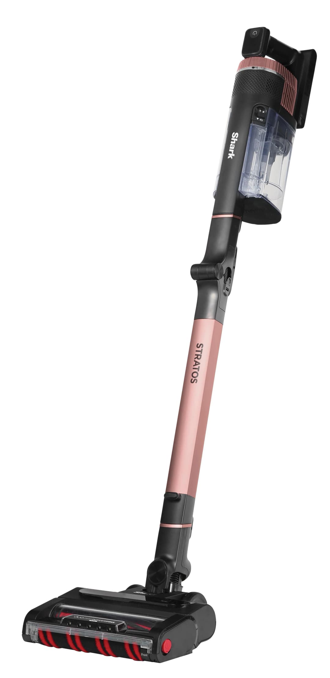Kabelloser Staubsauger in Pink und Schwarz. Der Griff ist pink, der Körper schwarz.