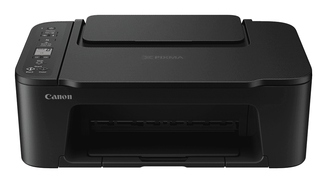 Ein schwarzer Canon Pixma Drucker mit einem Flachbettscanner oben und einem Papierausgabefach unten.