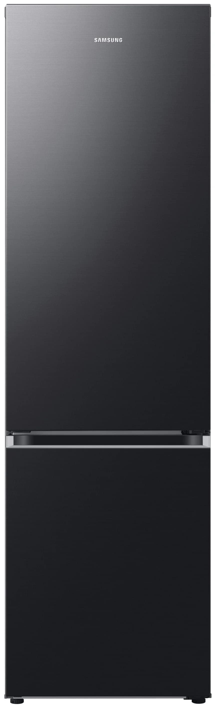 Ein schwarzer Samsung Kühlschrank mit silbernem Griff und silbernem Streifen.