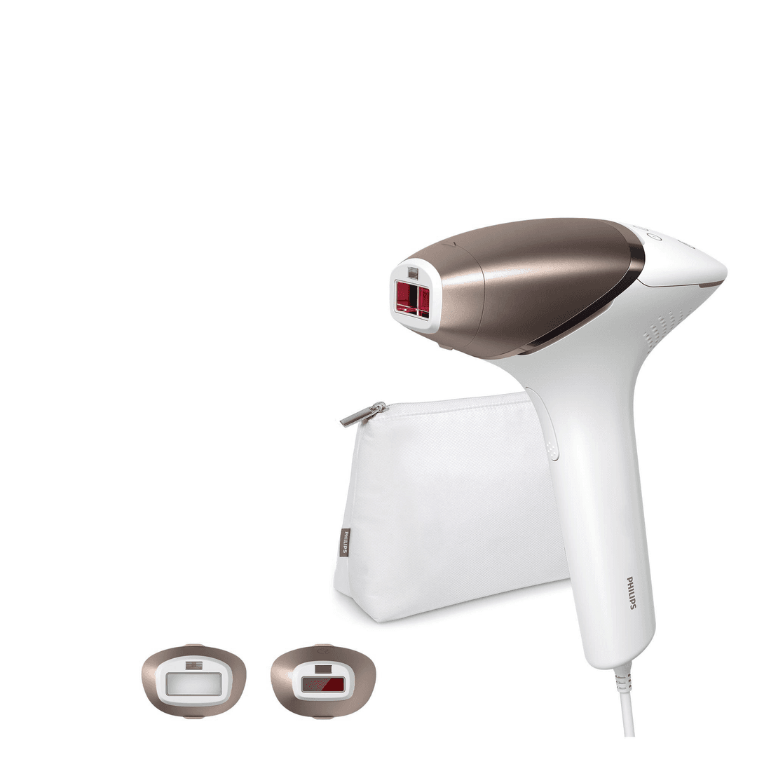 Philips Lumea IPL-Gerät. Weiß und Gold, zwei Aufsätze und ein weißer Beutel.