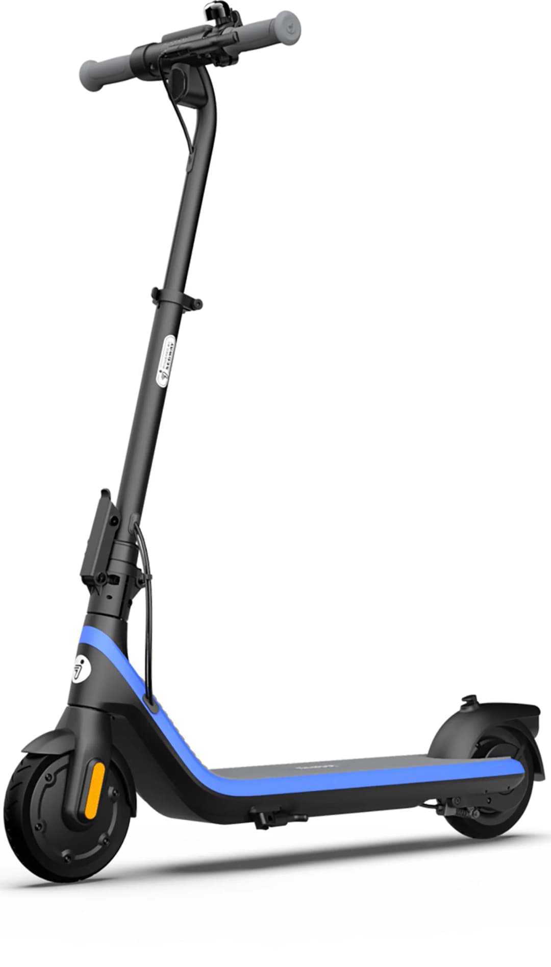 Schwarzer und blauer Elektroroller mit schwarzem Lenker und weißem Hintergrund.