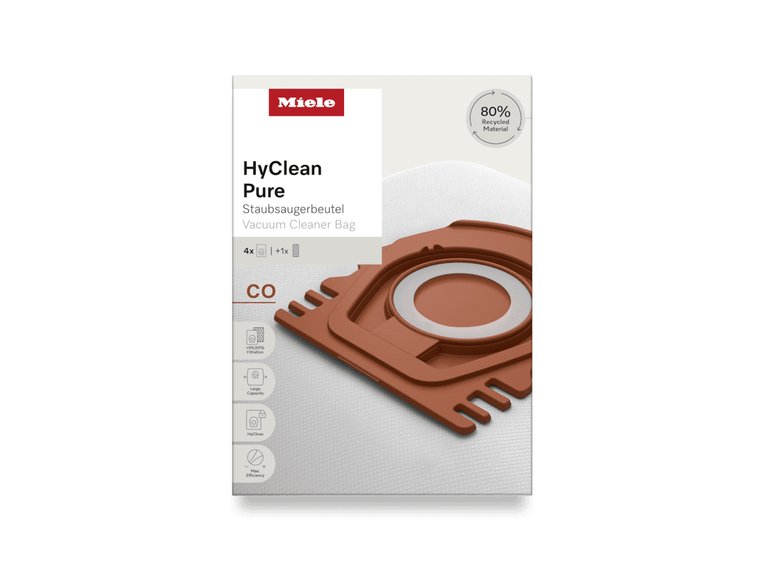 Eine Packung Miele HyClean Pure Staubsaugerbeutel. Sie weist auf 80 % recyceltes Material hin.
