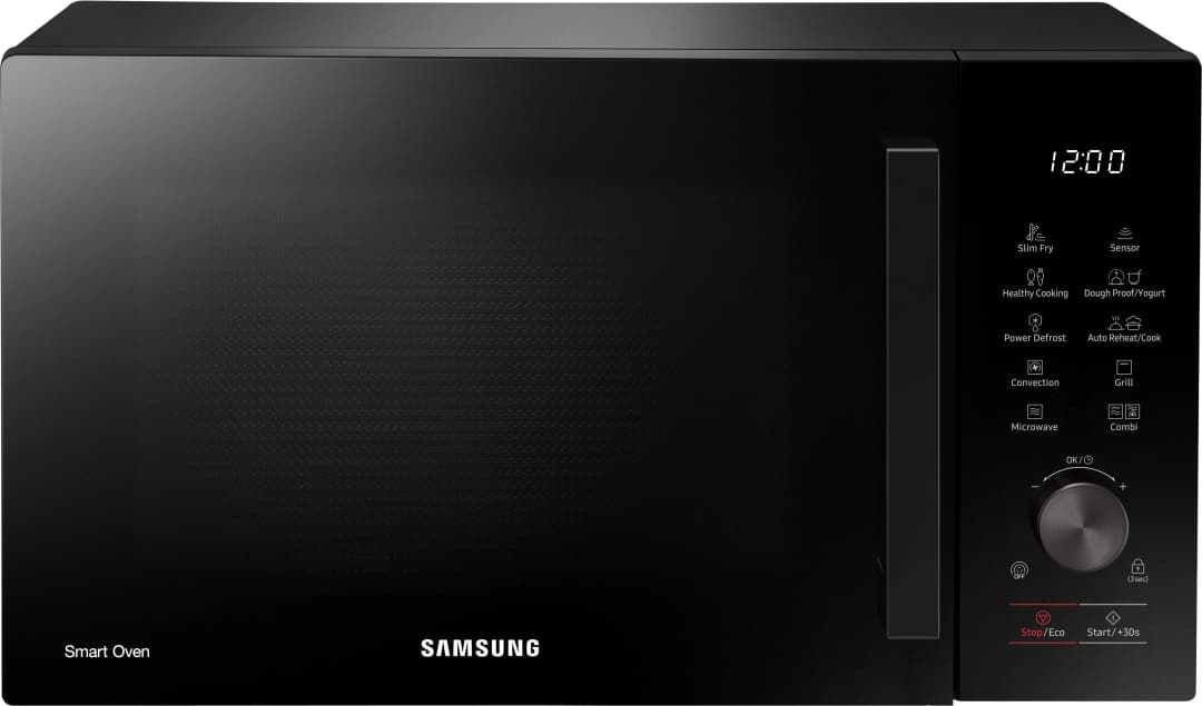 Schwarzer Samsung Smart Oven mit Bedienfeld und Display.