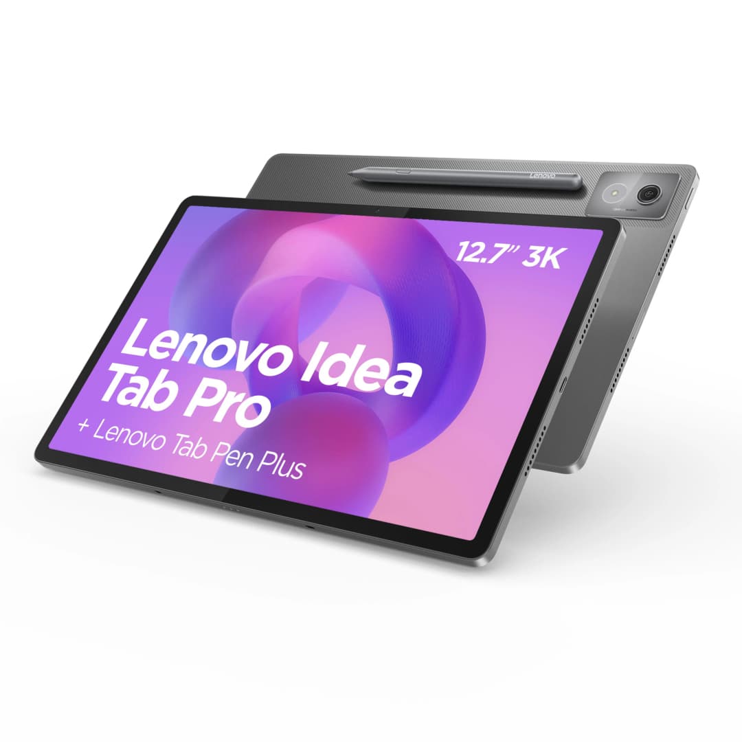 Ein graues Lenovo Idea Tab Pro Tablet mit Stift. Der Bildschirm zeigt den Gerätenamen und die Größe.