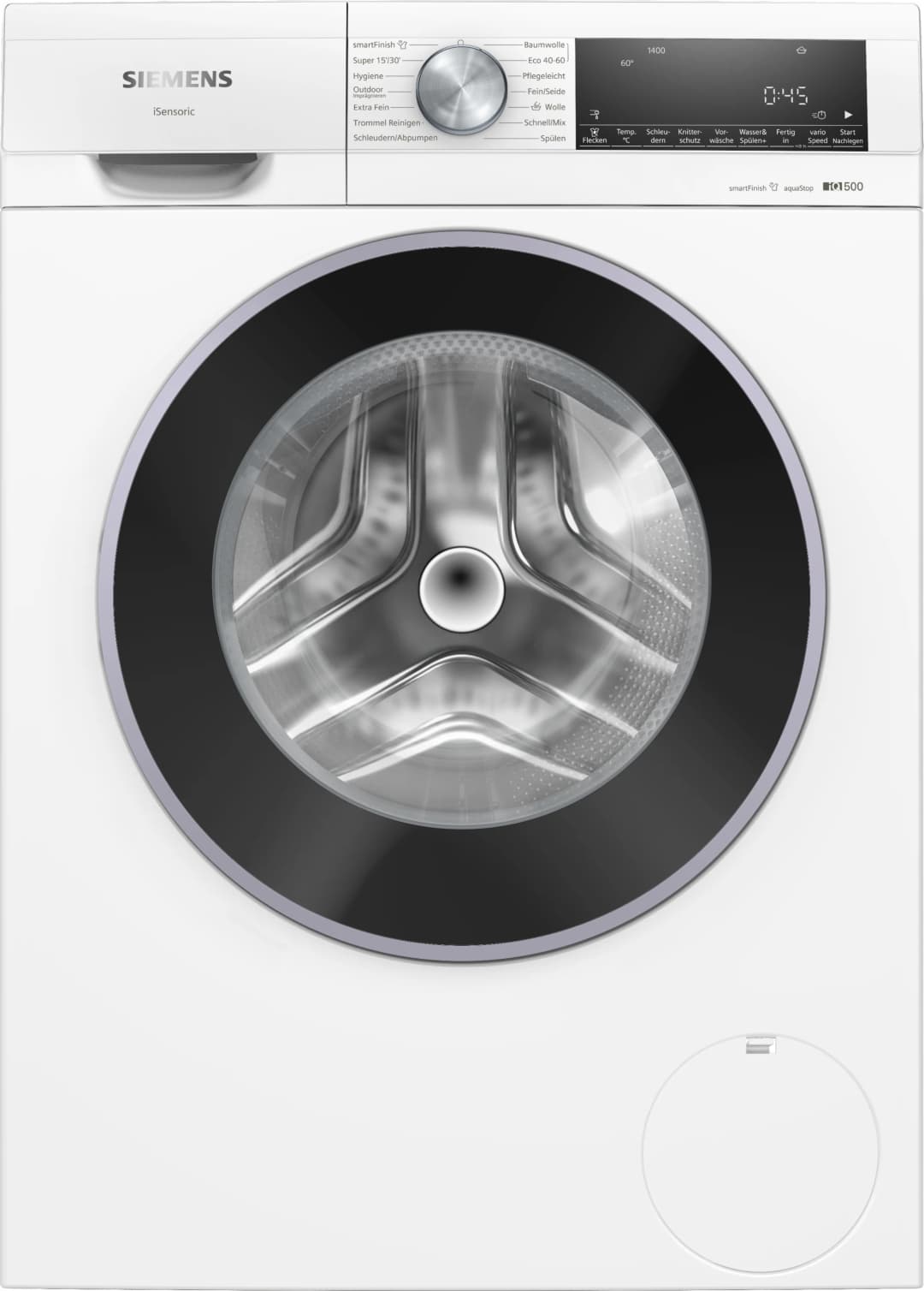Weiße Waschmaschine mit schwarzer Tür und Bedienfeld. Markenname Siemens und Modellnummer.