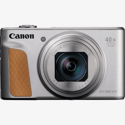 Silberne Canon Kamera, schwarzes Objektiv, brauner Griff, Aufschrift "40X Optical Zoom".