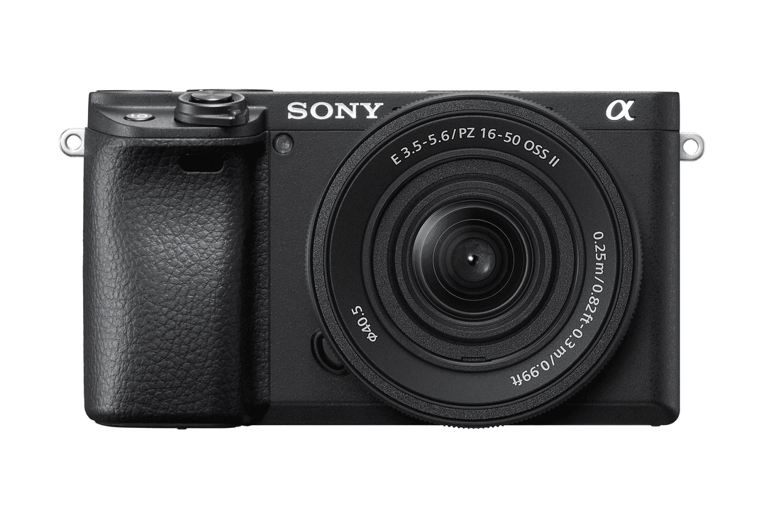 Schwarze Sony Kamera. Objektiv in der Mitte, Knöpfe und Räder sichtbar.