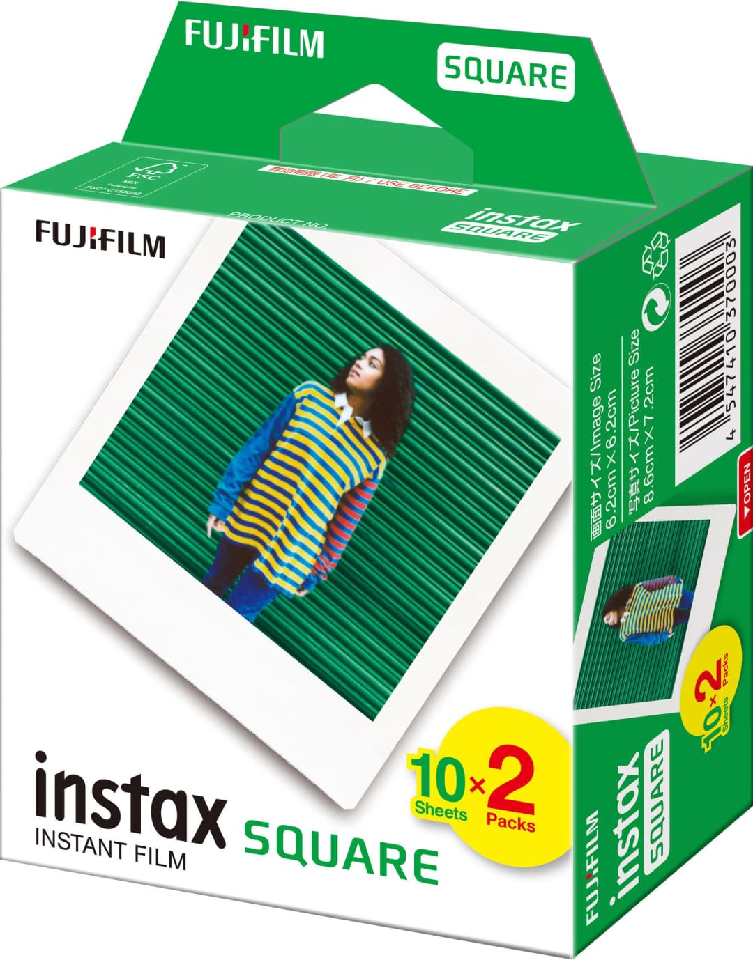 Instax Square Filmbox. Weiße Box, grüner Hintergrund, Foto einer Frau. Fujifilm-Logo.