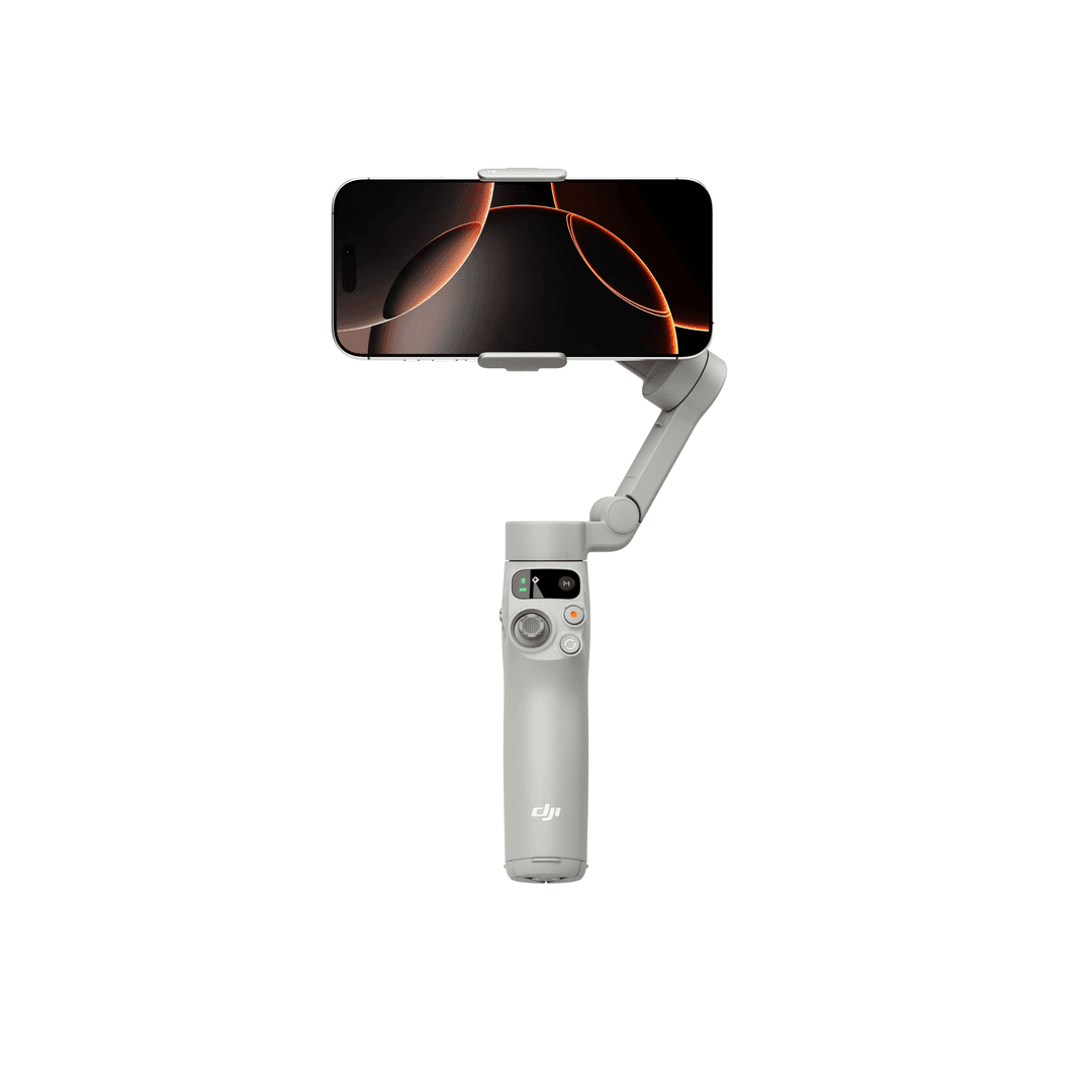 Grauer Gimbal mit Smartphone. Das Telefon zeigt ein abstraktes orange-schwarzes Design.
