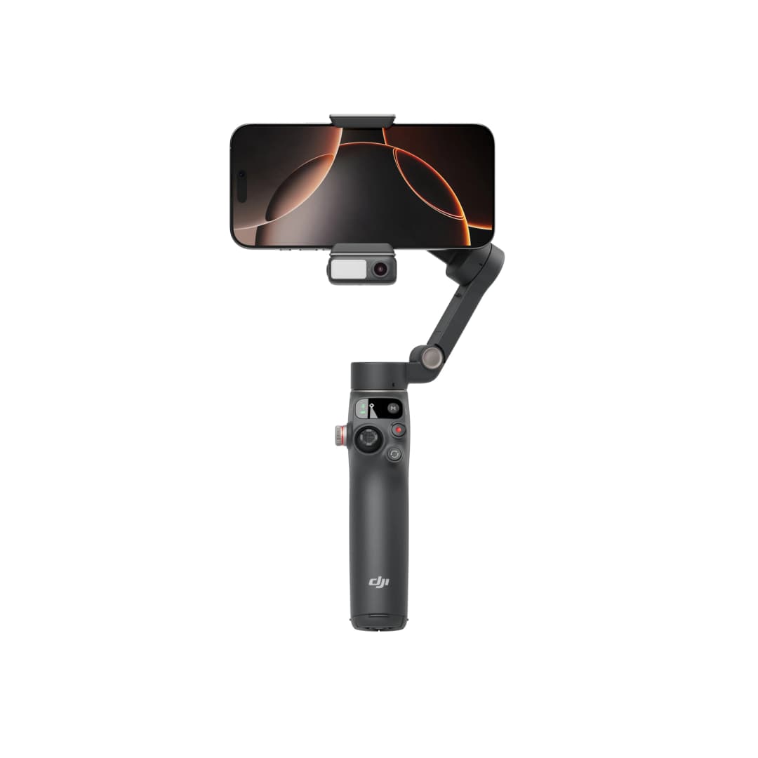 DJI Osmo Mobile Gimbal mit befestigtem Telefon, schwarz und silber.
