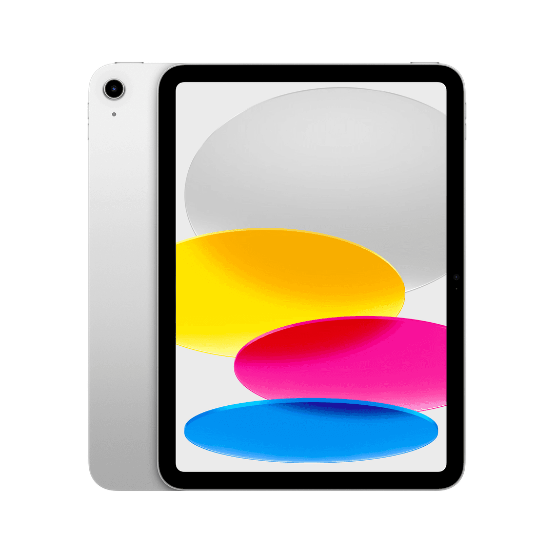 Weißes Tablet mit Bildschirm, der bunte Formen zeigt, mit einem anderen Tablet im Hintergrund.