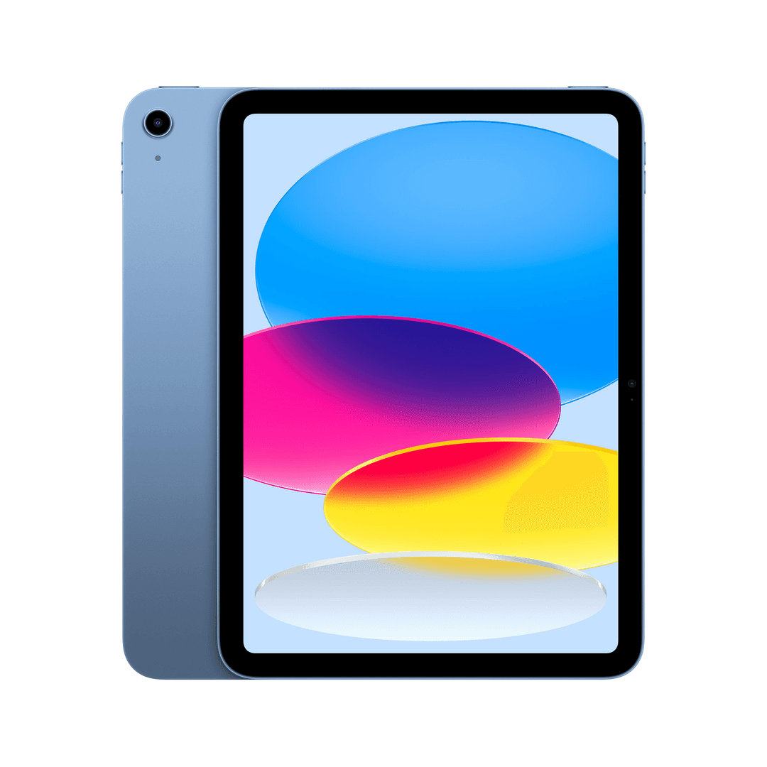 Blaues Tablet mit farbenfrohem Bildschirm. Die Rückseite ist blau.