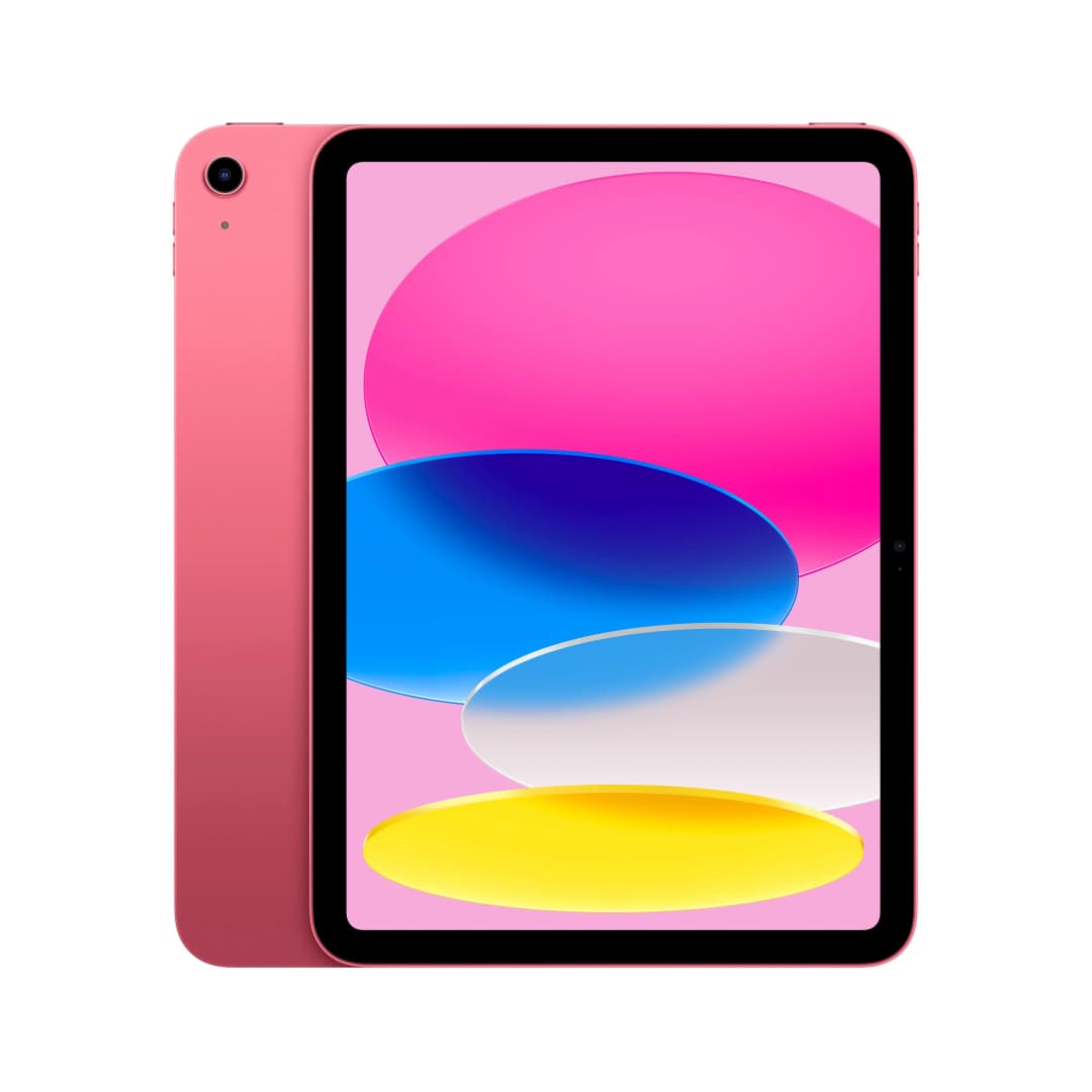 Rosa Tablet mit farbenfrohem, abstraktem Hintergrund auf dem Bildschirm und Rückkamera.
